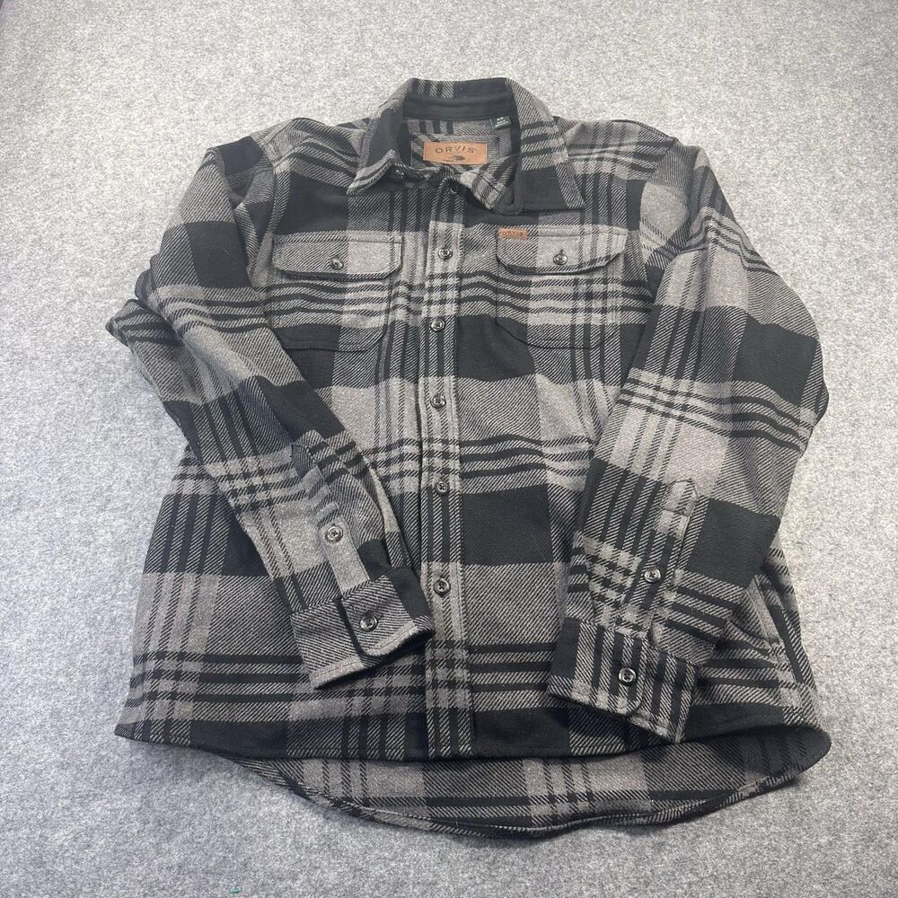 Orvis Shirt Mens Medium Gray Black Plaid Flannel Long Sleeve Button Up Casual